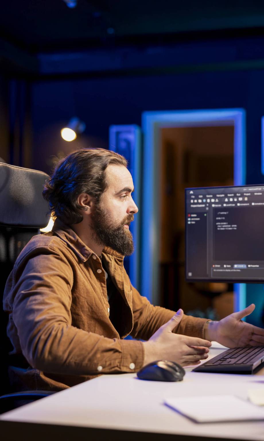 Computer scientist securing company servers from cyberattacks to avoid unwanted failures. IT admin in living room writing code to build firewalls protecting data from threats